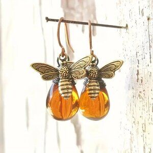 #06 Cute Honey Bee Glass Drop Dangle Earrings – No Plating, Glass Mosaic